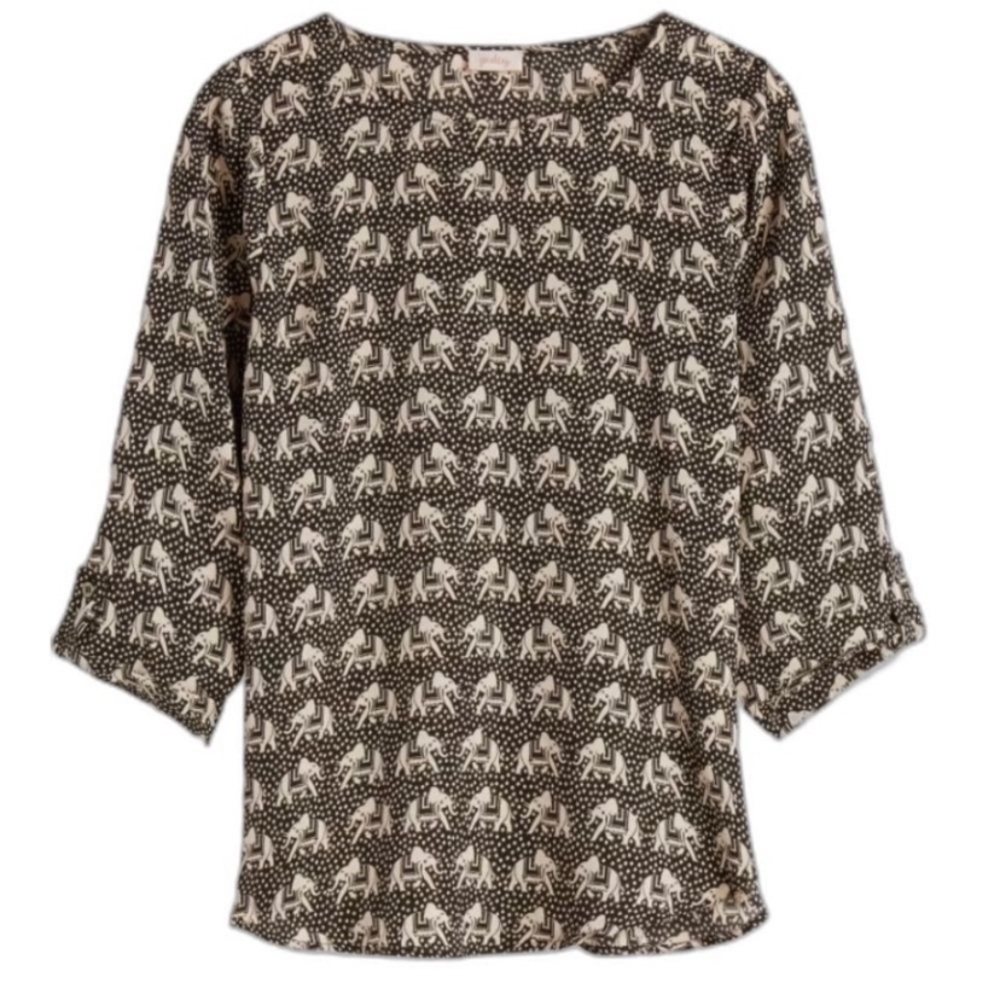 Pixley Cream and Black Elephant Printed Round Neck Blouse Size Large